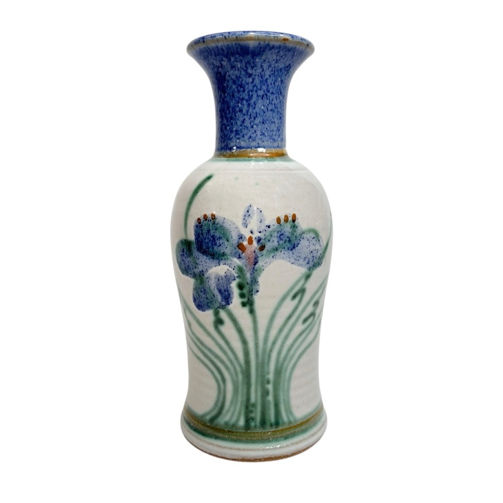 Artist Signed LIZ Hand Painted Blue White & Green Orchid Studio Pottery Vase